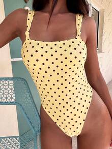 Swim Mod 2026 Spring/Summer New Women's Thick Strap Yellow Print Cute Hollow-Out Backless One-Piece Swimsuit, Beach Vacation Vacation Tropical - Apricot - View 1