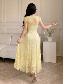 Modelyn Lace Waist Cinching A-Line Flowy Dress, Flattering For Spring/Summer Party Pale Yellow Elegent - Apricot - View 3