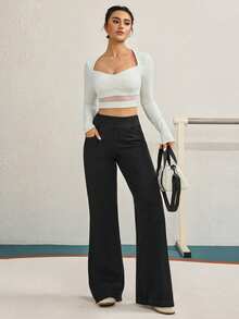 SHEIN Tall Women's Casual Everyday Commute Minimalist Versatile Solid Color Elastic Waist Loose Straight Leg Jeans - Black - View 4