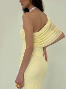 Aloruh Vestido ajustado de verano con cuello asimétrico, fruncido y retorcido, elegante para vacaciones y citas - Amarillo - Ver 5