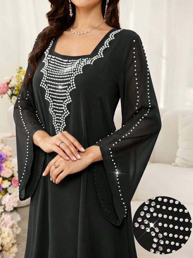Al Najma Women's Black Spring/Summer Loose Slimming Square Neck Beaded Batwing Sleeve Dress, Elegant Party Vacation Holiday Outfit - Black - View 1