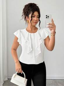 SHEIN Clasi Plus Size Women's Elegant Brown Round Neck Ruffle Top, Casual Summer Top, Versatile Work Gym Daily Wear - White - View 7