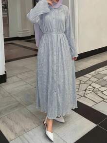 Solavon Stylish Women Pleated Texture Long Maxi Dress With Belt Casual Button Front A Line Dress For Everyday Wear - Baby Blue - View 8