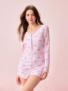 Bonmuse 1件女款V領蝴蝶印花連身褲夏季居家休閒服 - 粉色 - 查看 8