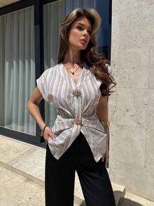 Firerie Women's Elegant Smart Casual White Stripe Summer Blouse, Holiday Vacation Cotton Ruched Waist Metal Button Fitted Shirt For Commuting Work Tea Party - Apricot - View 5