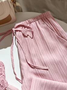 Elamini Damen Set: Trägershirt, strukturierte Patchwork-Optik, gerade Hose mit Kordelzug und Taschen - Pink - Übersicht 6