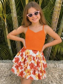 SHEIN Setelan 2 Potong Atasan Camisole Rajut Warna Polos dan Rok Mini Motif Bunga Kecil untuk Anak Perempuan Remaja - Jeruk - View 14