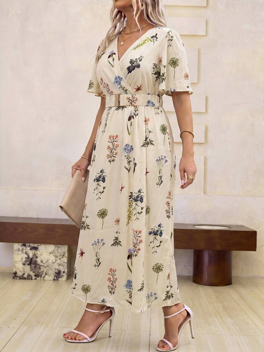 Roveilla Plus Size Women's Beige Boho Allover Print Maxi Dress,Ruffled Short Sleeves,Side Slit,High-Low Hemline,Summer Vacation Holiday Fashionable Outfit - Apricot - View 1