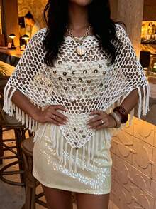 Selianne Women's Casual Boho Vacation Crochet Sequin Embellished Tasseled Hem Knit Top Beach Cream Summer - White - View 7