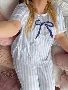 Slumberry CURVE Plus Size Pink Striped Print Pajama Set With Big Bow, Short Sleeve Top And Pants - Blue - View 6