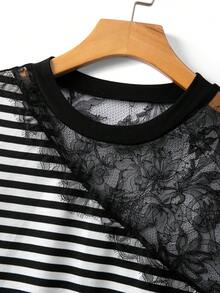 GlowEve CURVE Plus Size Black And White Lace Patchwork Sheer Short Sleeve T-Shirt Club Summer Sexy - Multicolor - View 3
