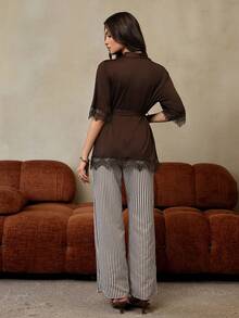 HautHeat Women's Lace Trim Robe With Waist Tie And Striped Print Pants Pajama Set, Suitable For Spring, Summer And Autumn - Rust Brown - View 2
