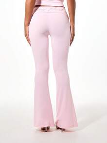 BABYPHAT Fold Over Waist Flare Leggings With Rhinestone Logo Detail Low Rise Bell Bottom Full Length Pants - Baby Pink - View 2