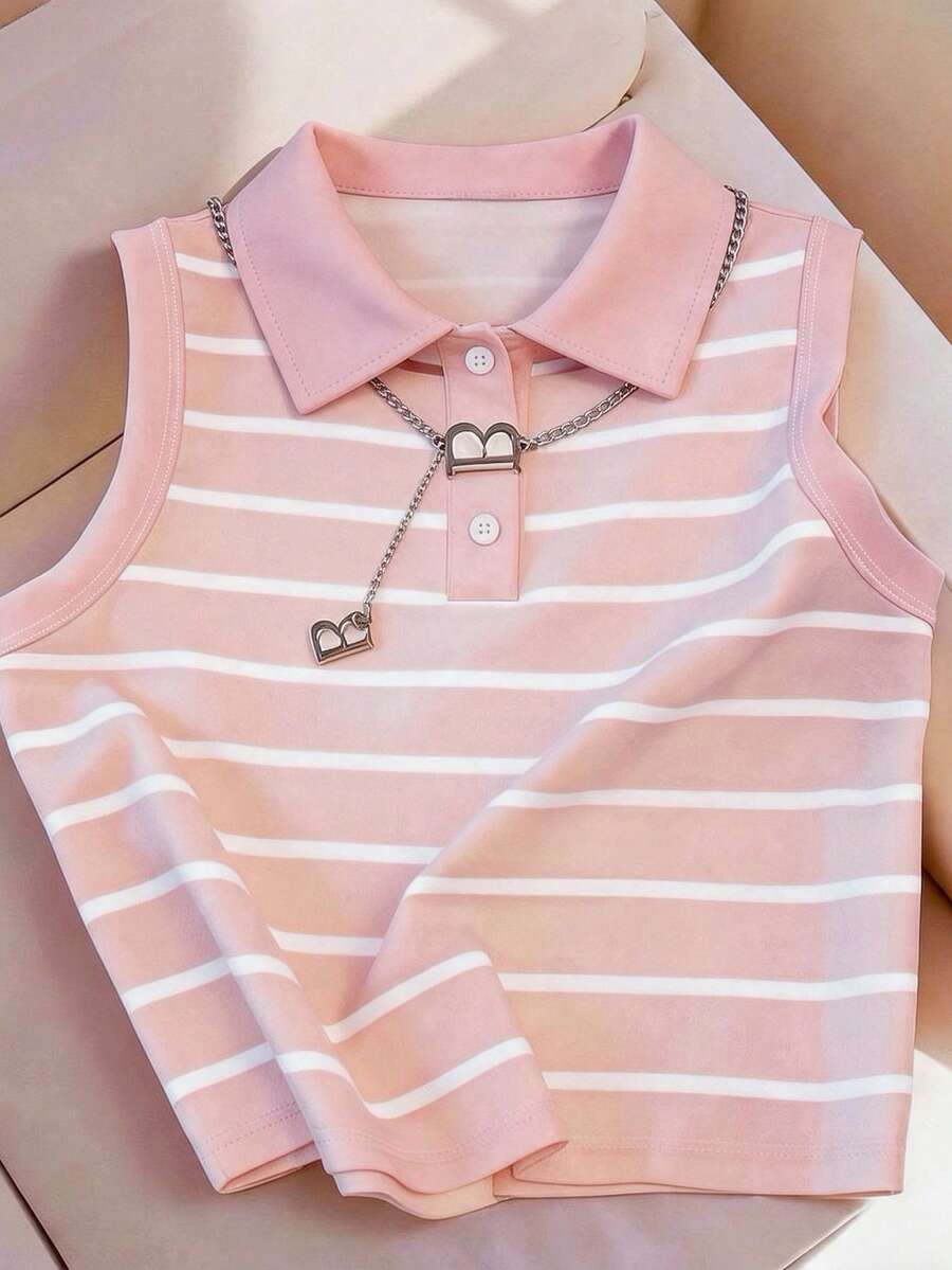 Franclia 女款休閒條紋鈕扣式無袖上衣,適合夏季 - 淺粉色 - 查看 1