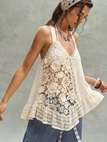 Camiseta de mujer con decoración de encaje y flores 3D, primavera/verano - Albaricoque - Ver 6