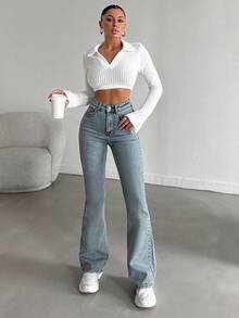 EURMUSE 98%Cotton Washed Casual Flare Jeans With Slanted Pockets - Baby Blue - View 5