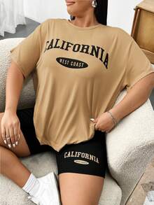 Flirla Plus Size Women's Simple Printed Daily 2-Piece Set, For Summer - Khaki - View 5