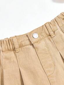 SHEIN Young Girls' Casual Cute Denim Pleated Skirt, Summer Lightweight New Arrival, Washed White, Casual Cute Sweet Street Fashion , Minimalist Design, 3/4 Elastic Waist, Snap Button Decor, A-Line Non-Stretch Denim Shorts, Soft Cotton Denim Fabric, Daily, Party, School, Commute, 2026 Summer New Release - Khaki - View 7