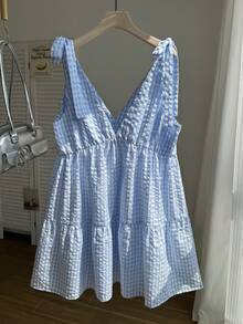 Comfortcana Đầm nữ casual đi nghỉ mát cổ chữ V họa tiết kẻ caro đen trắng thắt dây size lớn - Màu xanh lam - Xem 2