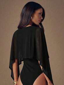 SHEIN BAE Women's Oblique Shoulder Ruffled Layered Chiffon Blouse, Elegant Blouse, Minimalist Fashion Blouse - Black - View 2