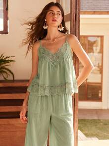 Lullawish Bohemian Style Spaghetti Strap 100% Cotton Women Pajama Set - Green - View 3