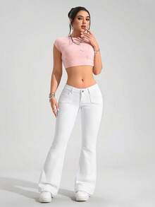 SHEIN PETITE Quần jeans ống loe cạp thấp trơn, thời trang, năng động, đa năng - trắng - Xem 7