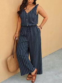 Elaquor Plus Size Summer Jumpsuit, Striped Wide Leg With Pockets Vacation Cruise Navy Blue Boho - Navy Blue - View 2