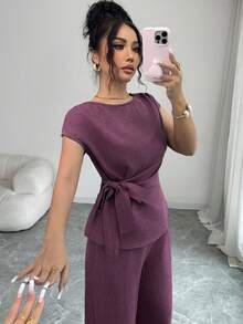 Elenzga 女士优雅通勤休闲蓝色褶皱可调节腰带蝴蝶结衬衫 + 女士优雅通勤休闲收腰口袋设计宽松阔腿裤 - 紫色 - 查看 5