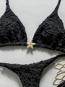 Swim Vcay 2pcs/Set Animal Print Random Pattern Halter Triangle Cup Bra And Side Tie Cheeky Bikini Swimwear Set, Sexy Women Beach Holiday - Black - View 6