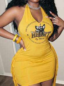 Slaydiva Yellow Summer Kawaii Rave Plus Size Mini Bodycon Dress,Y2K Street Style Sleeveless Halter Tie-Knot Side Tassel Chest Logo Print Knit Fabric - Yellow - View 5