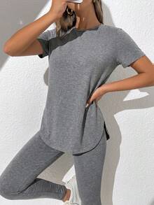 SHEIN Essnce Women's Casual Sports Daily Commute Simple Solid Color Short Sleeve Split Hem T-Shirt And Leggings 2-Piece Set, Spring/Summer,Summer Outfits For Women - Grey - View 3