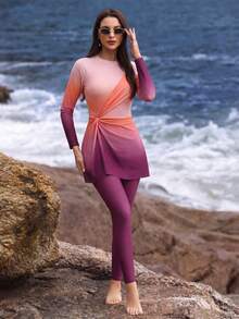 Swim Shayni 女款漸層花卉印花扭轉拉鍊長袖布基尼泳衣套裝，適合海灘度假 - 彩色 - 查看 1