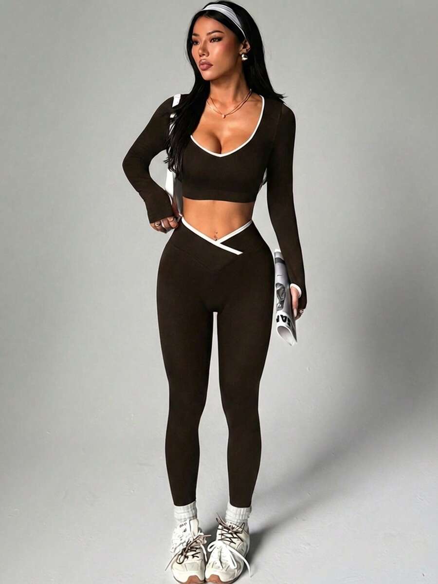 Dewbera Dewbera Set de 2 piezas de ropa deportiva sin costuras de color contrastante para mujer - Marrón - Ver 1