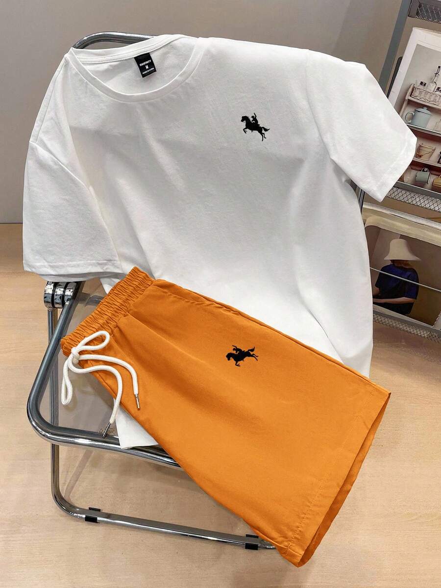 Manfinity Joysei Men's Standard Size White T-Shirt And Orange Shorts Set, Holiday - Multicolor - View 1