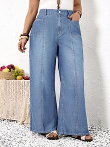EMERY ROSE EMERY ROSE Plus Size Straight Loose Casual Jeans With Pockets, Versatile For Daily Wear, Summer - Light Wash - View 9