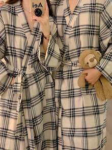 日式睡衣女童春秋新款长袖简约休闲睡衣长款和服ins风家居服 - 杏色 - 查看 11