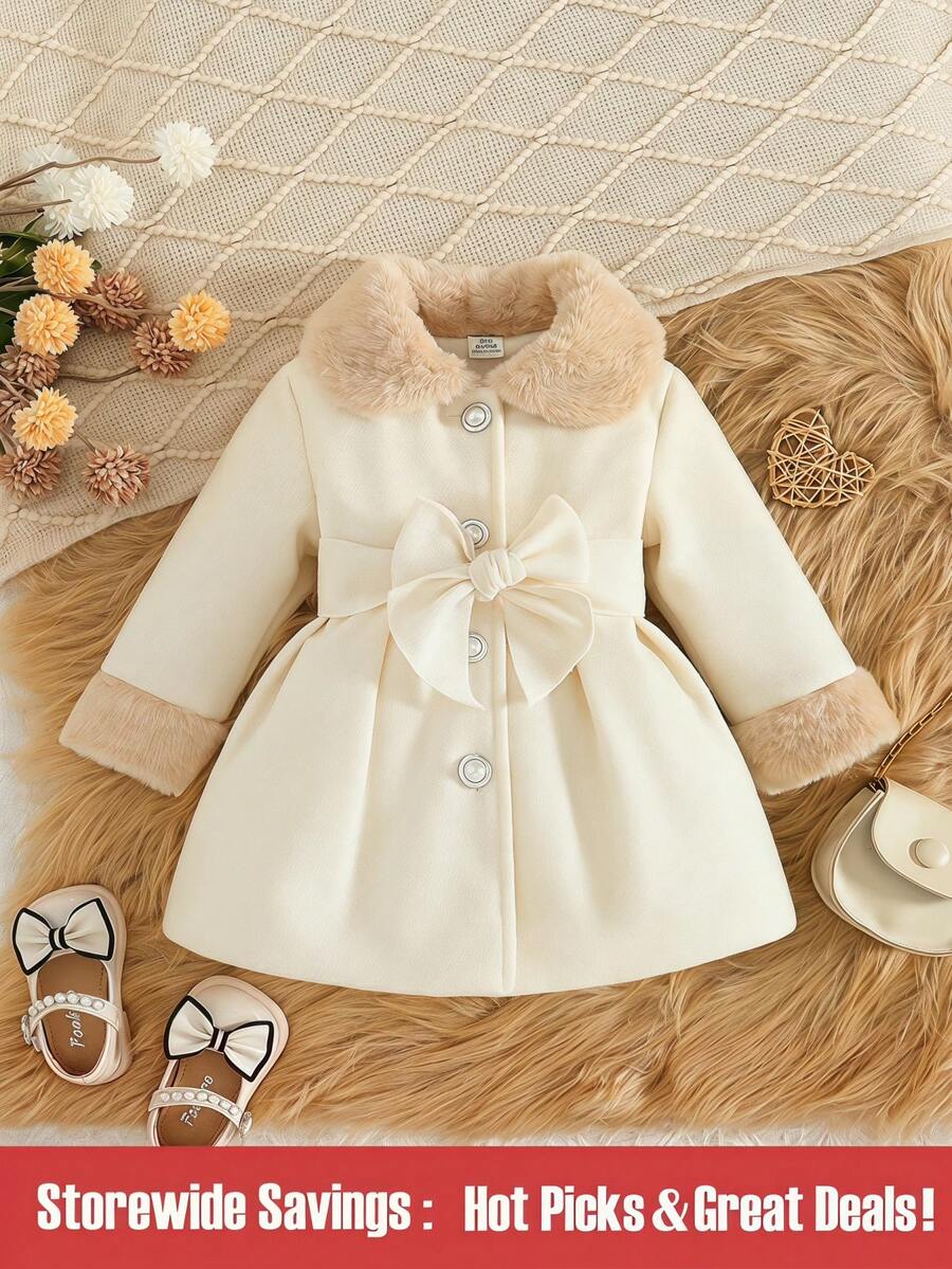 SHEIN Baby Girl Casual Plush Patchwork Jacket, Autumn/Winter - Beige - View 1