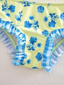 SHEIN Young Girl Cute Colorblock Floral & Plaid Print Bikini Set - Multicolor - View 8