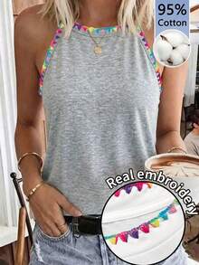 SHEIN LUNE Áo tank top nữ 95% cotton thêu ren hoa nhiều màu sắc, kiểu dáng ôm sát, cổ yếm, thích hợp cho mùa hè. - Màu Xám nhạt - Xem 1