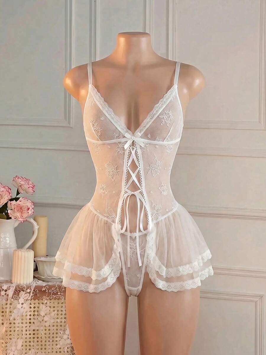 Crystal Vow Bộ jumpsuit gợi cảm phối ren và lưới tương phản, trang phục cô dâu. - trắng - Xem 1