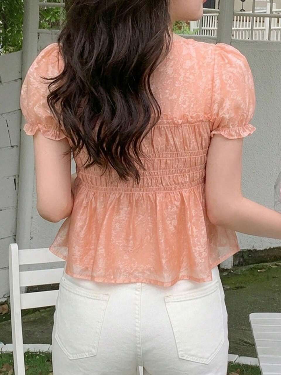 Women's Single-Breasted Short Puff Sleeve Frill Trim Blouse