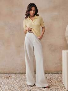 2026 Camisetas de punto de manga corta con cuello medio de rayas de alta calidad y nueva moda de verano, talla estándar para mujer, tops lindos - Amarillo - Ver 5