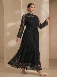 Graceveil Đầm dáng chữ A size lớn màu trơn thanh lịch, tay dài ren, eo chiết, phù hợp cho mùa xuân và mùa hè, màu đen - màu đen - Xem 4