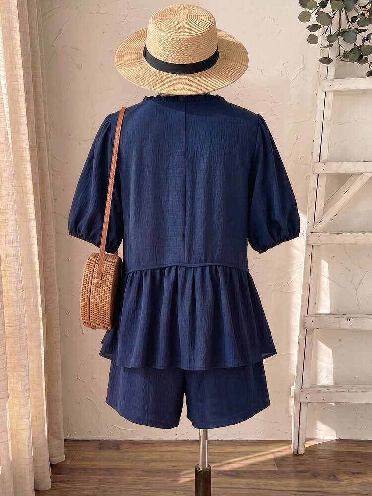 Plus Size Women's Summer Beach Vacation Floral Embroidery Twist Cutout Neck Petal Sleeve Ruffle Hem Top And Shorts 2 Piece Set Beach Outfit For Women