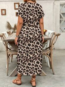 EMERY ROSE Plus Size Women Casual Leopard Print Slit Hem Round Neck Dress - Multicolor - View 2