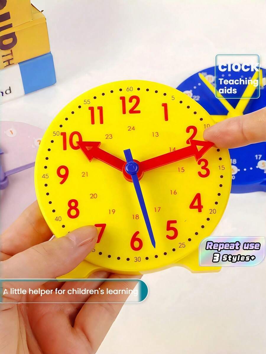 1PC Learn Clock Blue Pink Yellow Time Teaching Clock Model Set With Connected Three Needles Educational Tool For Hour Minute Second Cognition Back To School Supplies Pointer Random Color - Multicolor - View 1
