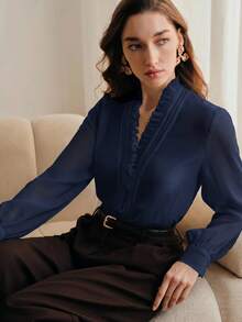 Anewsta Essential Elegant French Style V-Neck Ruffle Trim Fashionable Blouse, Suitable For New Year, Spring, Summer, White, Valentine's Day - Navy Blue - View 2