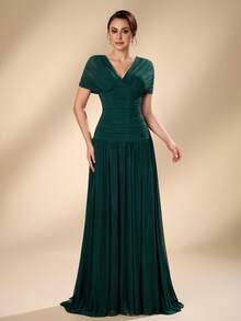 Serin Elegantes, luxuriöses, romantisches elastisches Strickkleid mit gerafften Ärmeln, V-Ausschnitt und Fischschwanzsaum in A-Linie, geeignet für Hochzeiten, Singles-Partys, Urlaub, Brautmütter, Abendkleider - Grün - Übersicht 2