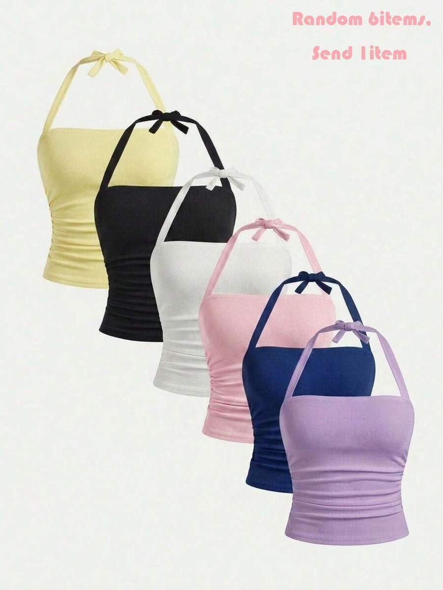 SHEIN Girlism 随机6件,赠送2件少女春夏街头风百搭休闲度假风露脐无肩带褶皱弹力蝴蝶结修身短款上衣,适合夏季休闲、校园、运动、户外野餐、街头摄影、母亲节毕业季等场合。这款夏季上衣适合春夏日常、外出、度假、节日穿着,时尚少女,休闲百搭,新款,返校季,轻松休闲风,返校季必备。 - 彩色 - 查看 1