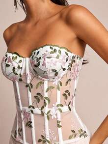 SHEIN Glamour Women's Botanical Embroidered Mesh Bustier Top - White - View 1